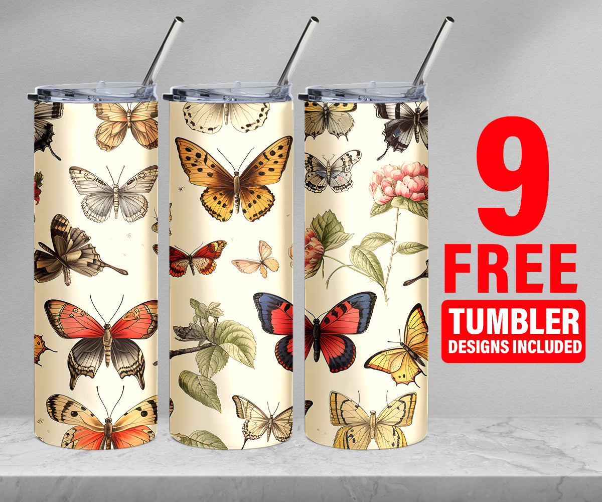 15+ butterfly Floral Sublimation Designs For Tumbler 20oz skinny PNGs | Digital download