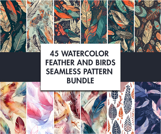 45x Watercolor feather seamless pattern | Digital download