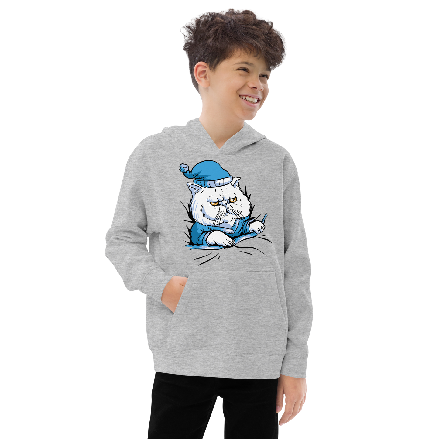 Sleepy cat animal in pajamas | Kids fleece hoodie