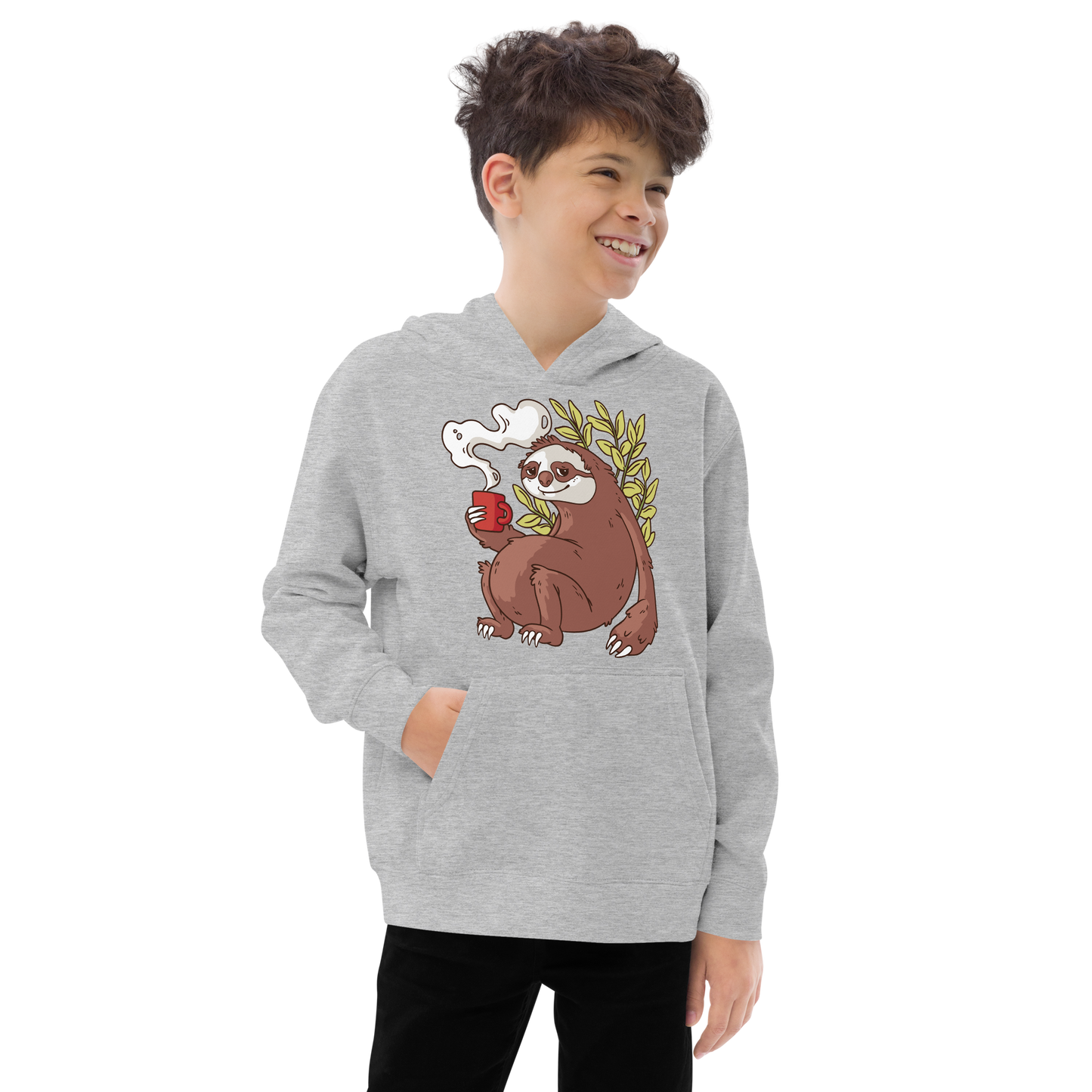 Sloth drinking coffee cartoon | Kids fleece hoodie