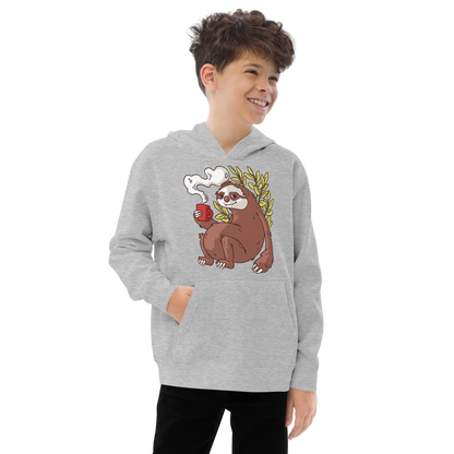 Sloth drinking coffee cartoon | Kids fleece hoodie