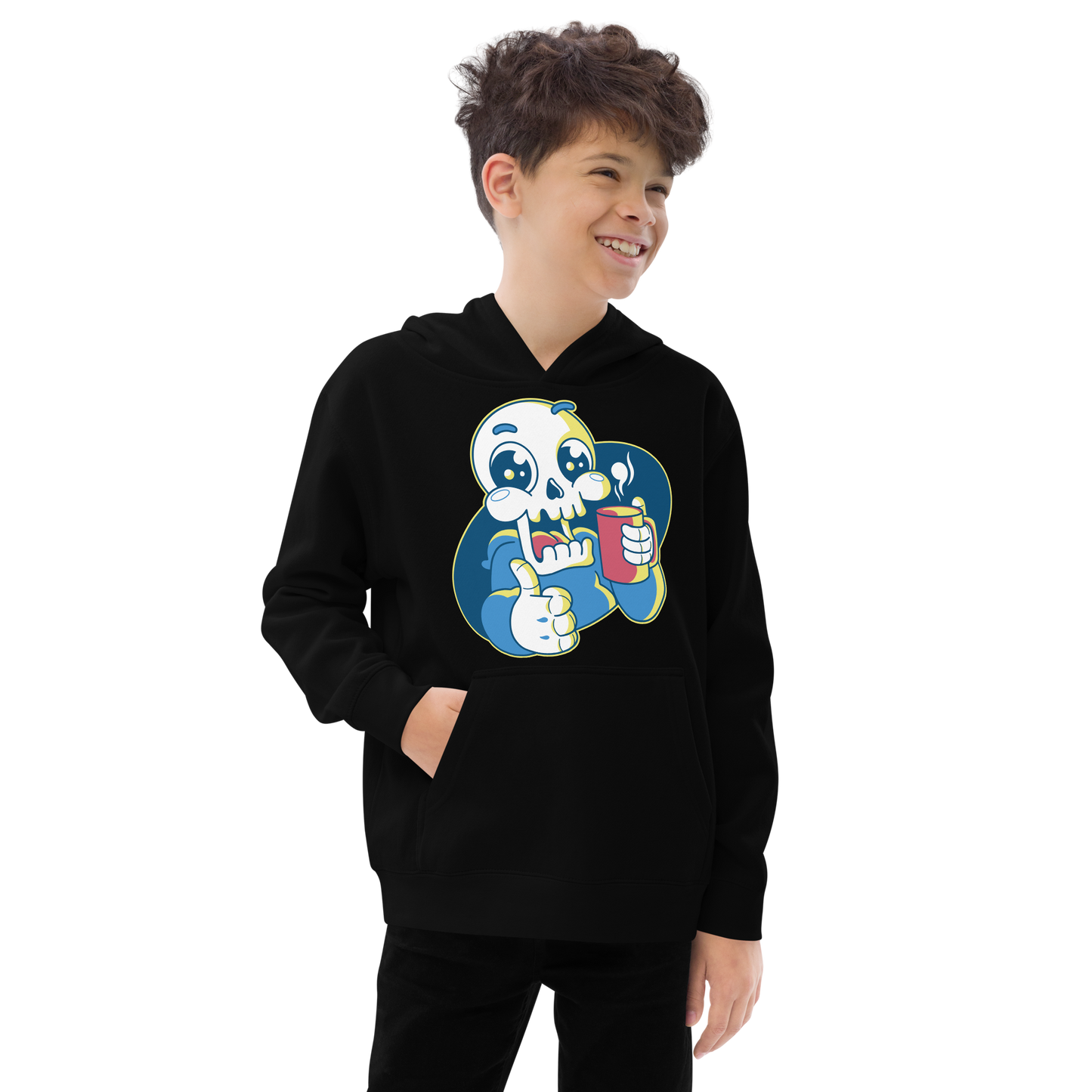 Skeleton reaper drinking coffee | Kids fleece hoodie
