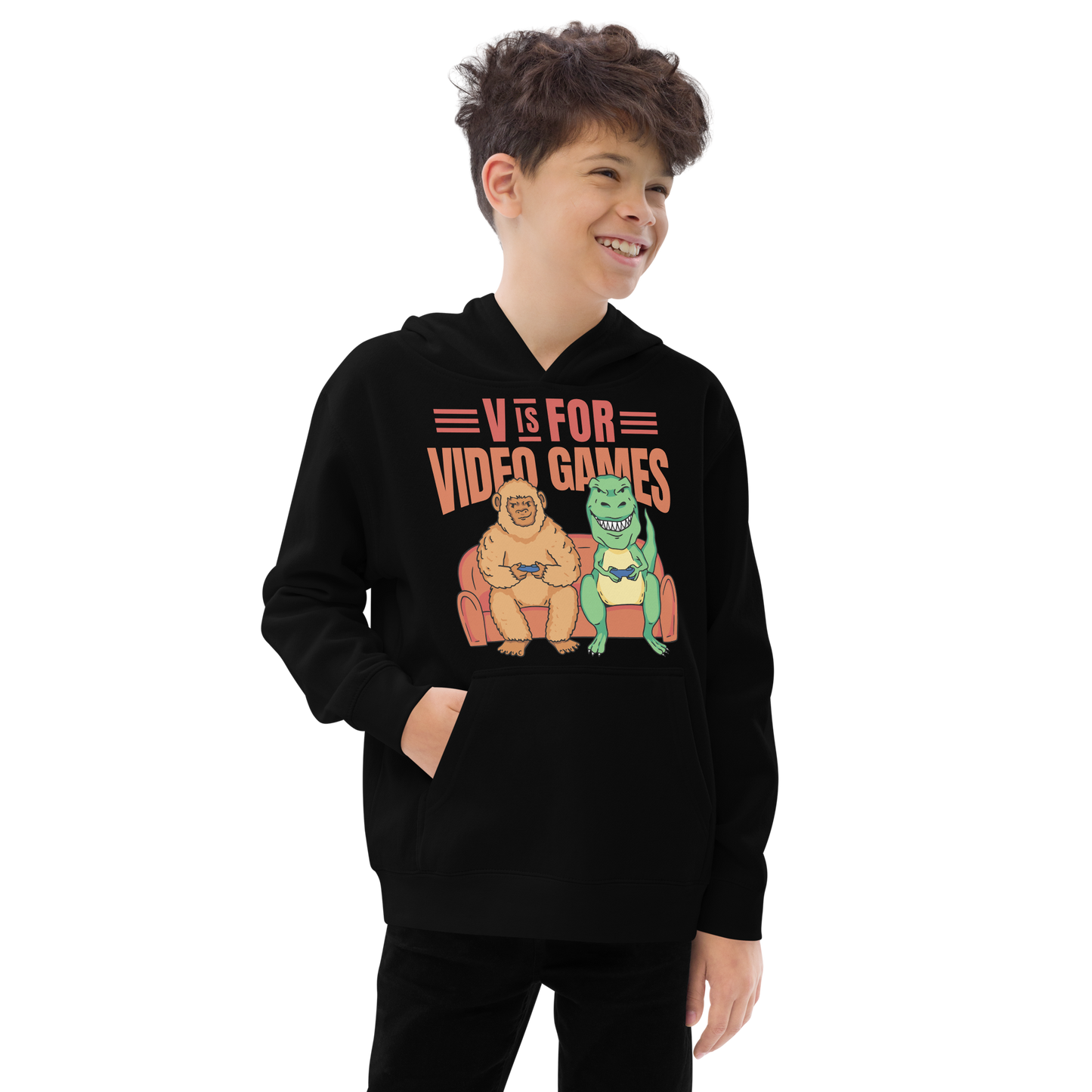 T-rex and big foot video games | Kids fleece hoodie