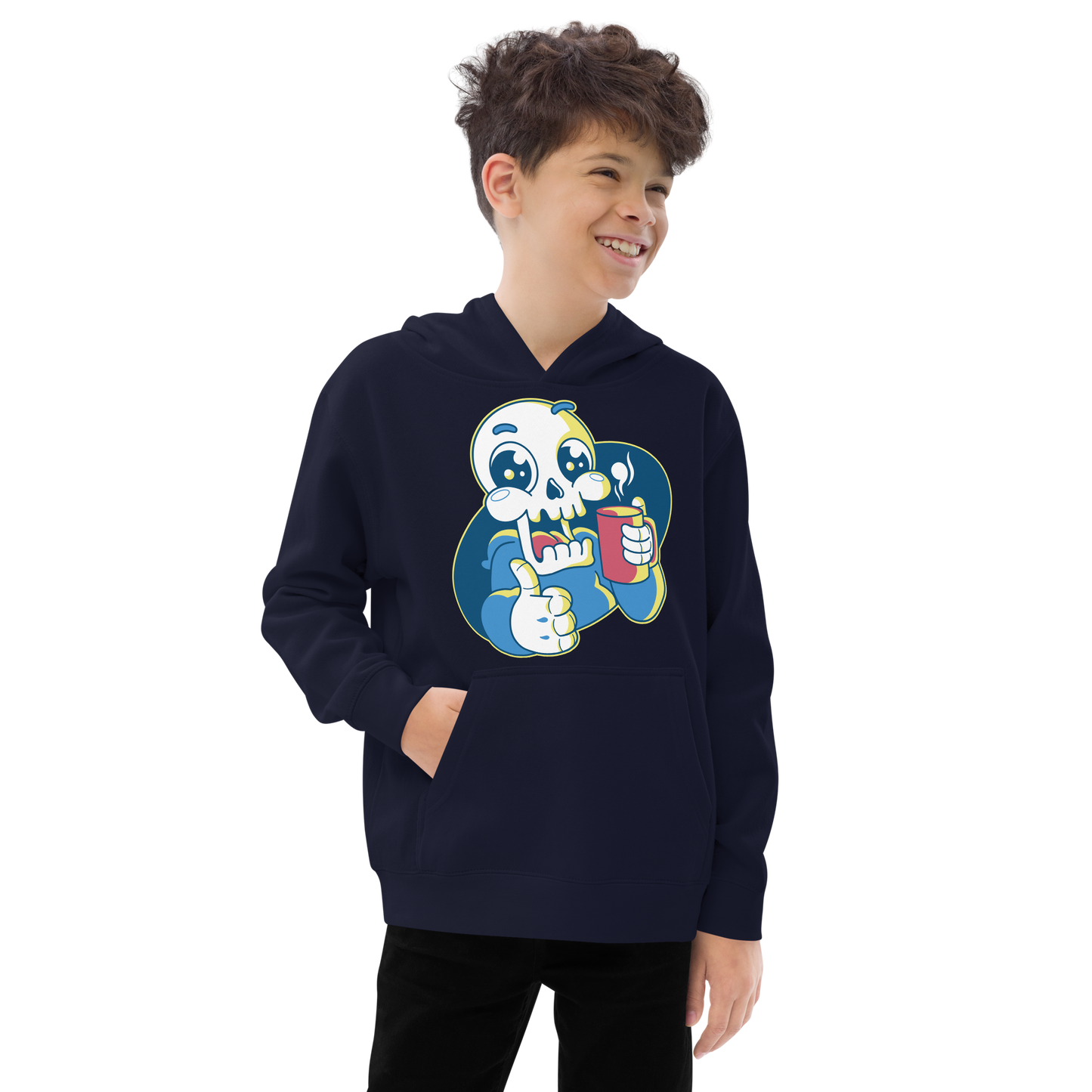 Skeleton reaper drinking coffee | Kids fleece hoodie