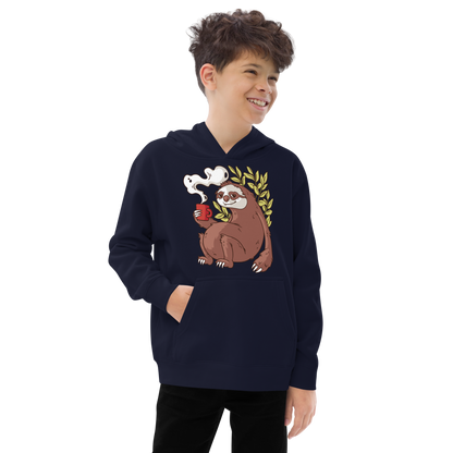 Sloth drinking coffee cartoon | Kids fleece hoodie