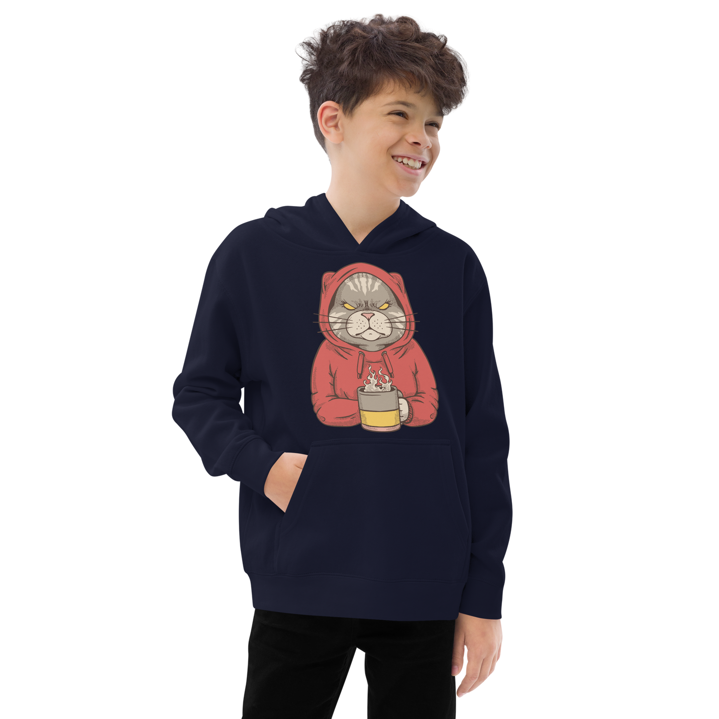 Angry cat with hoodie and coffee | Kids fleece hoodie