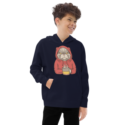 Angry cat with hoodie and coffee | Kids fleece hoodie