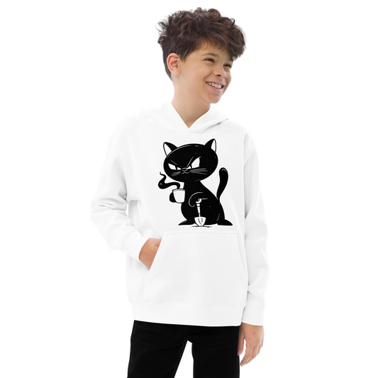 Mad black cat drinking coffee | Kids fleece hoodie