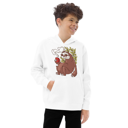 Sloth drinking coffee cartoon | Kids fleece hoodie