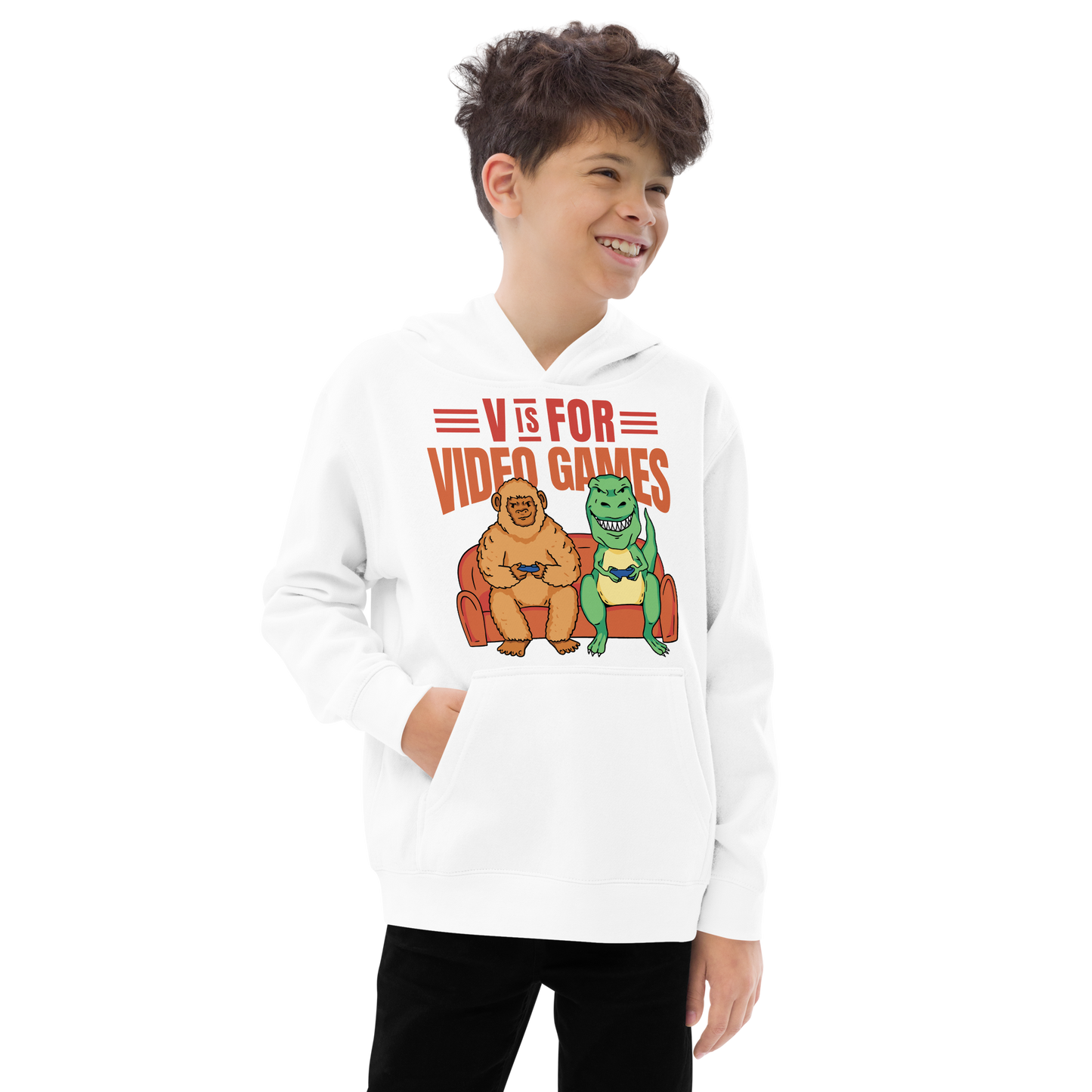 T-rex and big foot video games | Kids fleece hoodie