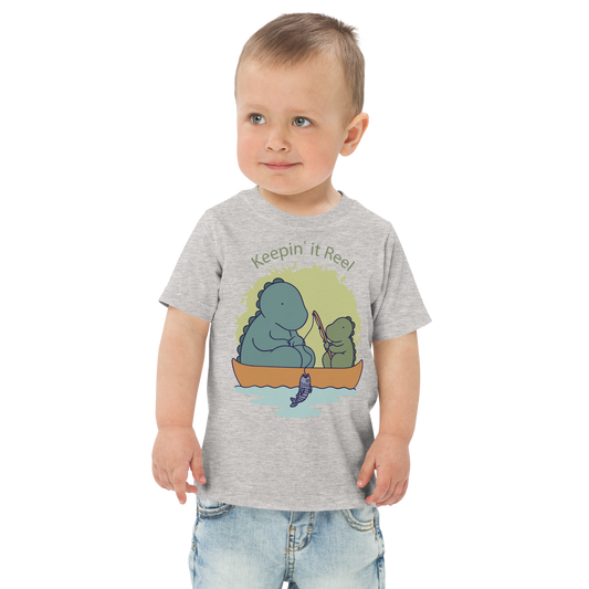 Cute dinosaur dad fishing cartoon | Toddler jersey t-shirt