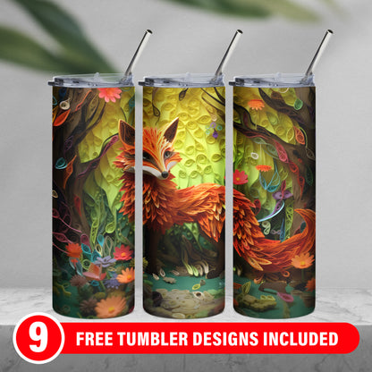 3D quilling a Fox  Straight & Tapered 20oz Skinny Tumbler Wrap,20 oz Tumbler Sublimation Design PNG | Digital Download