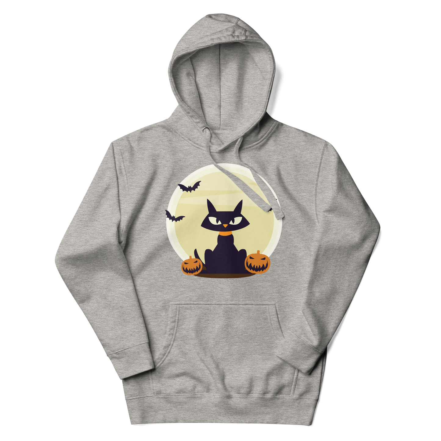 Black cat between two pumpkins and couple of bats flying over full moon | Unisex Hoodie