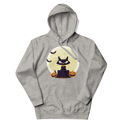 Black cat between two pumpkins and couple of bats flying over full moon | Unisex Hoodie