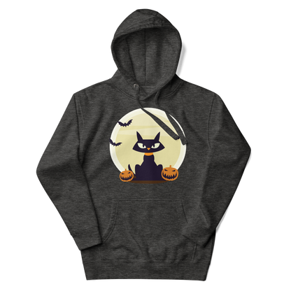 Black cat between two pumpkins and couple of bats flying over full moon | Unisex Hoodie