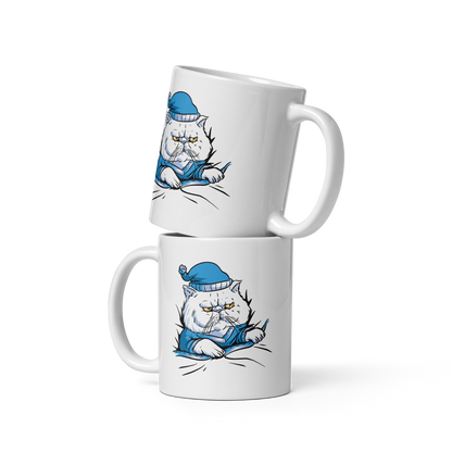 Sleepy cat animal in pajamas | White glossy mug