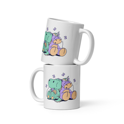 Unicorn and t-rex sleeping | White glossy mug