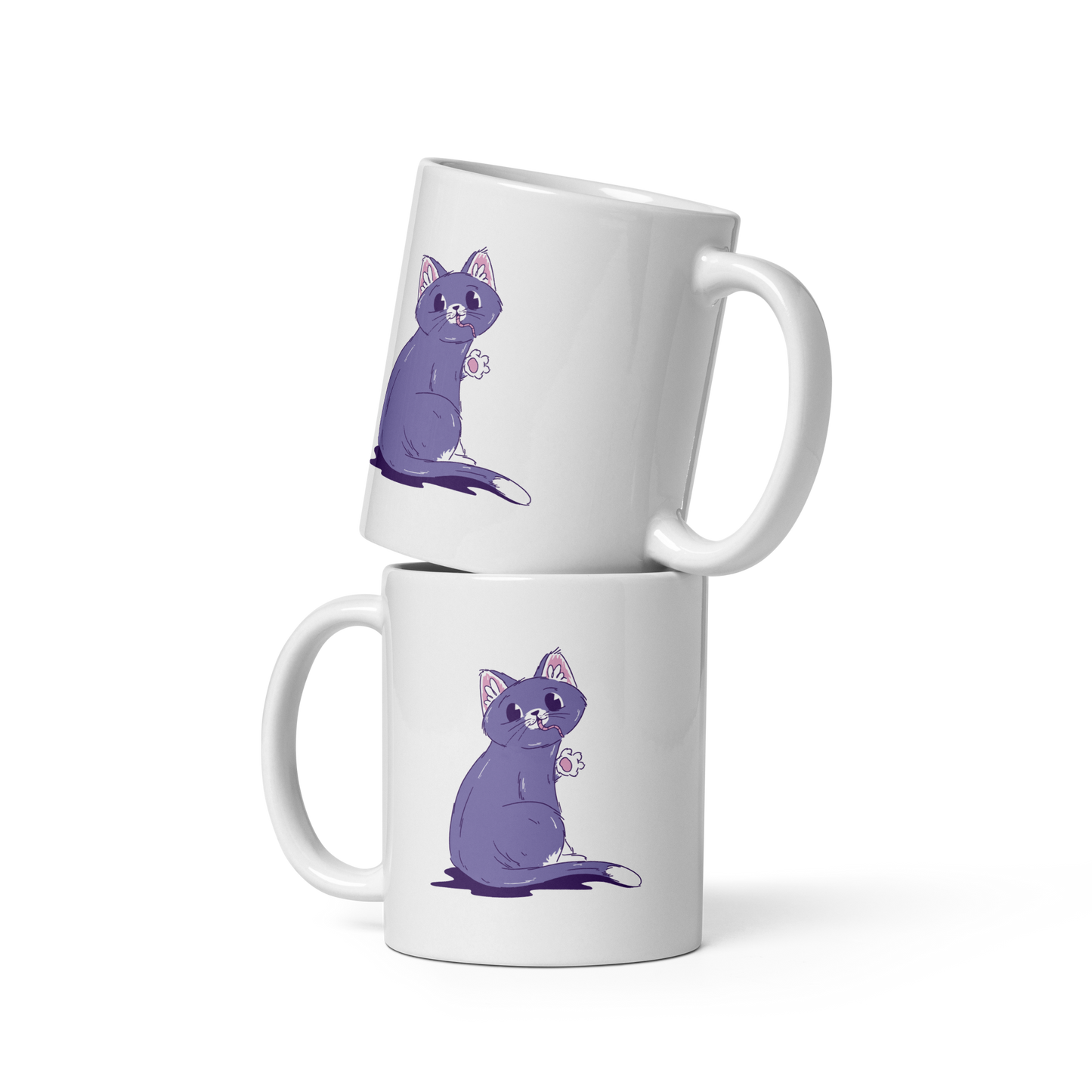 Purple cat eating mouse | White glossy mug