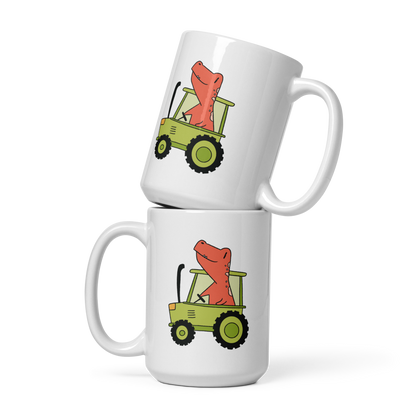 dinosaur tractor | White glossy mug