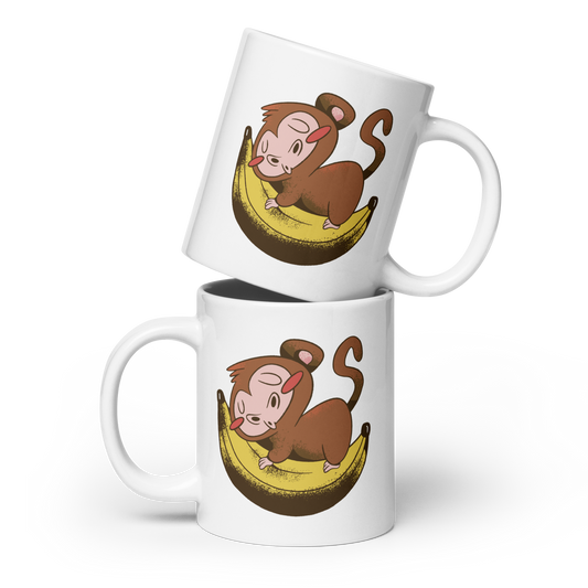 Monkey sleeping on banana | White glossy mug