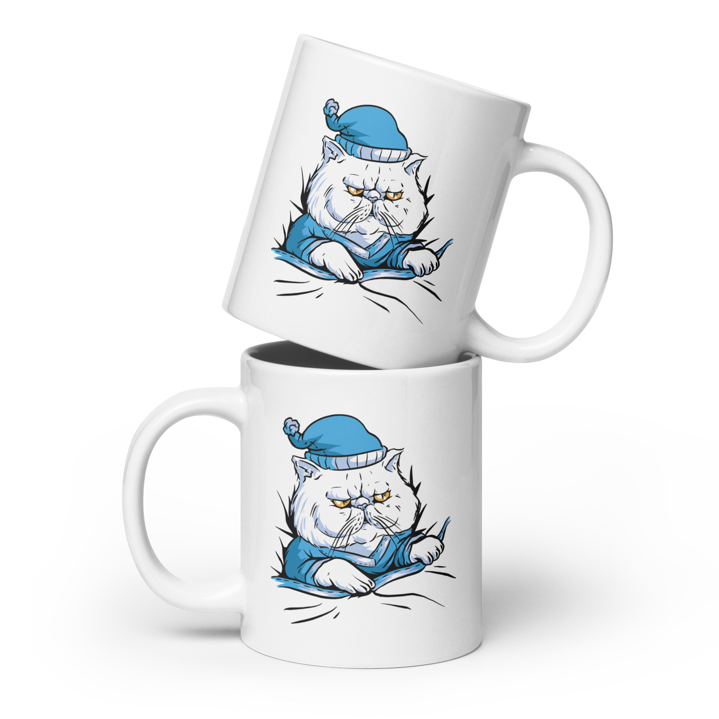 Sleepy cat animal in pajamas | White glossy mug