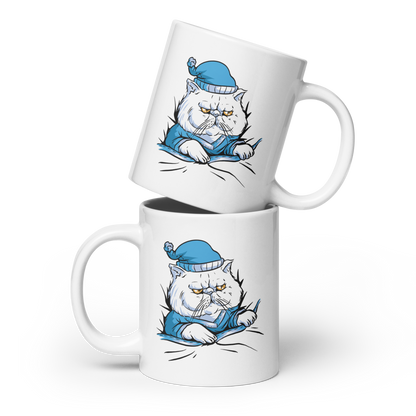 Sleepy cat animal in pajamas | White glossy mug