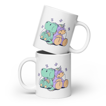 Unicorn and t-rex sleeping | White glossy mug