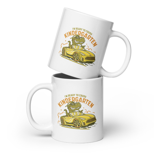 Ready to crush kindergarten t-rex in car | White glossy mug