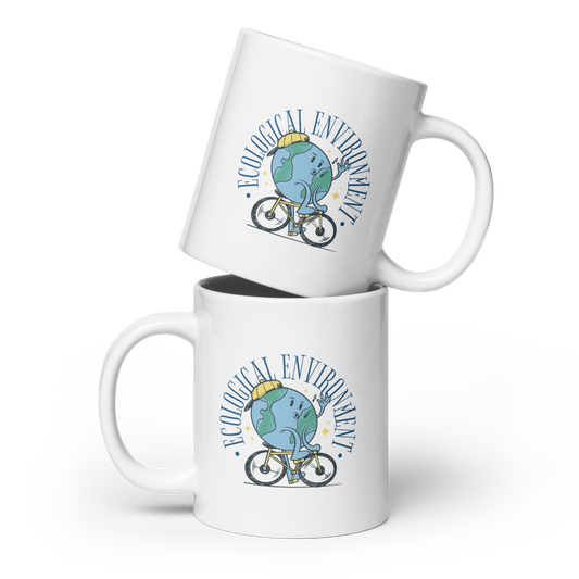Planet Earth riding bicycle | White glossy mug
