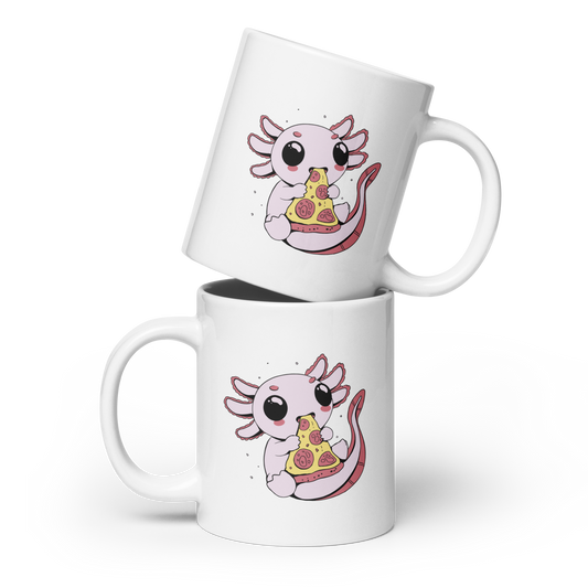 Cute axolotl eating pizza | White glossy mug