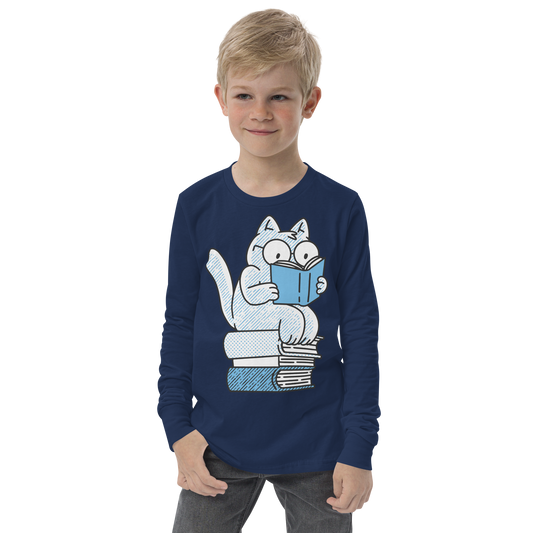 Cat sitting on books and reading | Youth Long Sleeve Tee