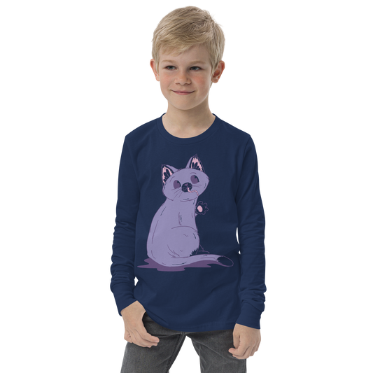 Purple cat eating mouse | Youth Long Sleeve Tee
