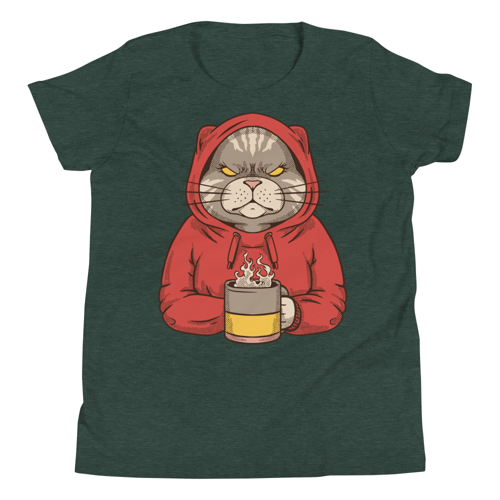 Angry cat with hoodie and coffee | Youth Short Sleeve T-Shirt