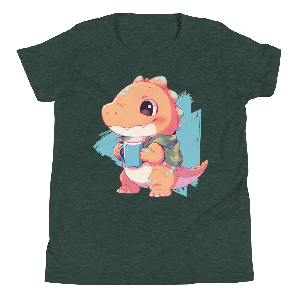 Cute dinosaur with coffee | Youth Short Sleeve T-Shirt